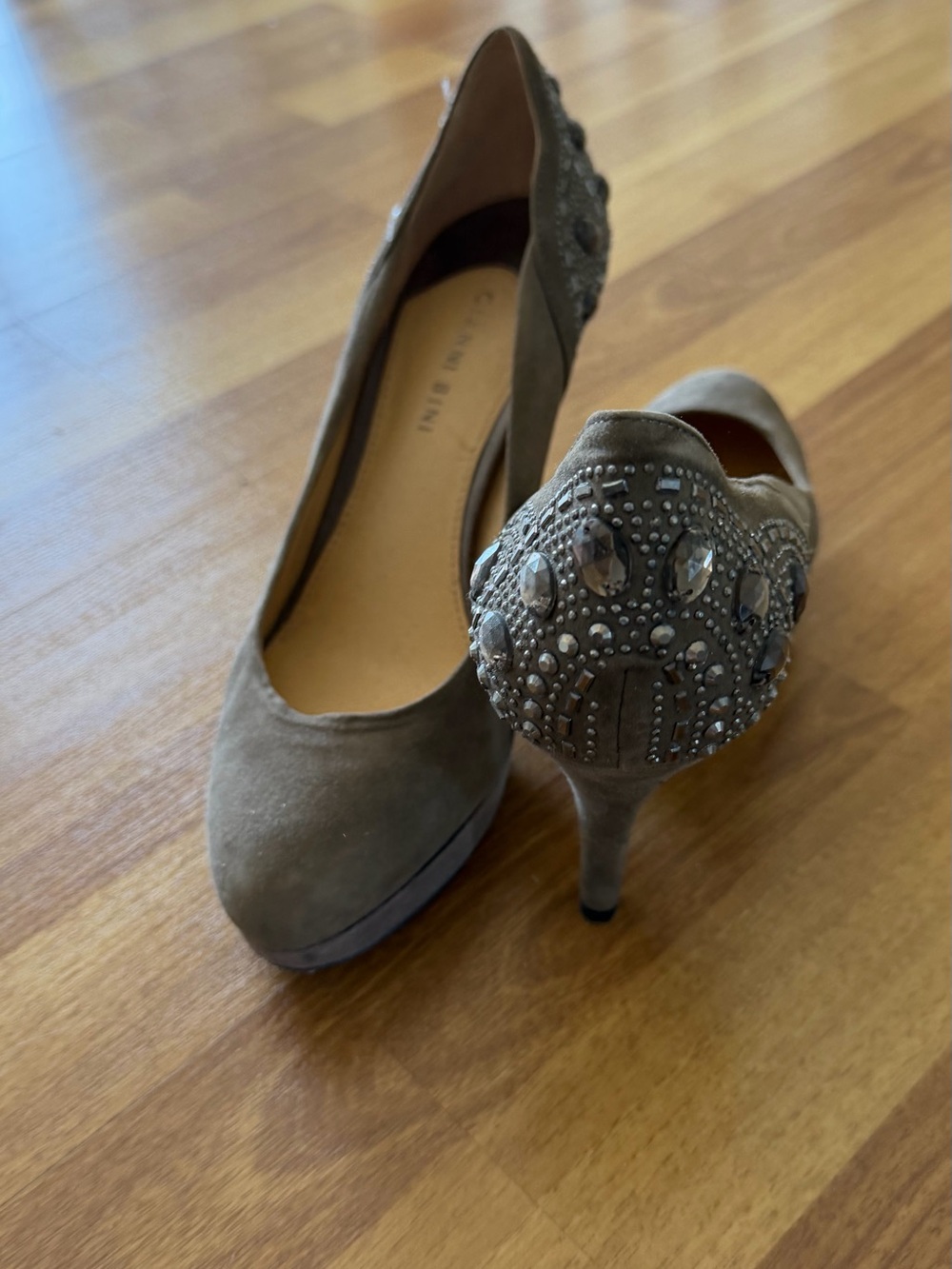 Embellished Taupe Suede High Heels